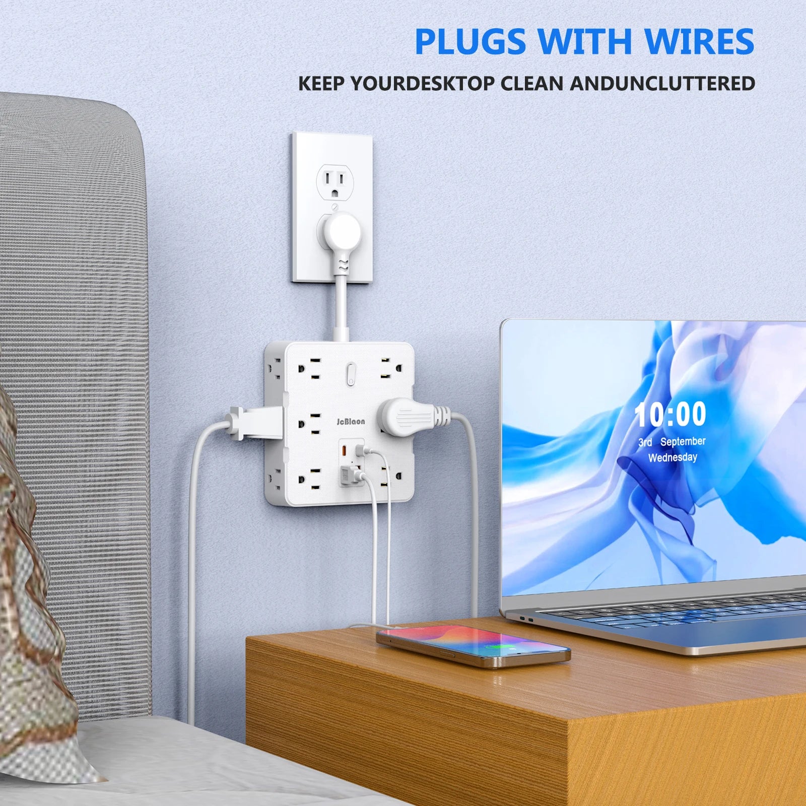 Flat Plug Power Strip with 12 Widely Outlets 4 USB Ports(2 USB C)