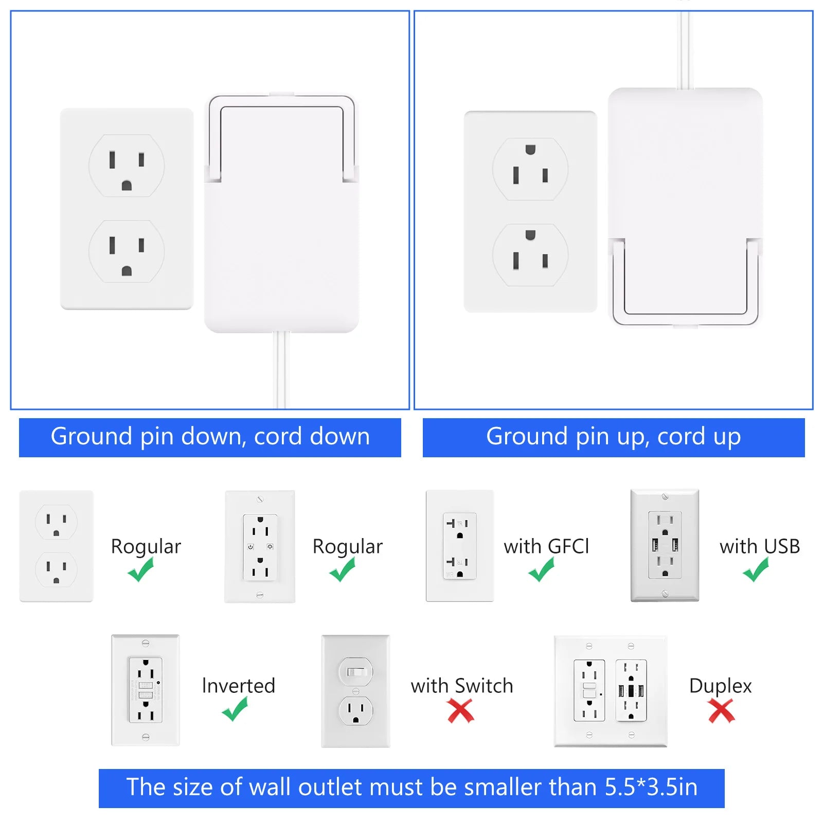 Flat Power Outlet expander Slim wall gauge plug with 3/5 foot cable