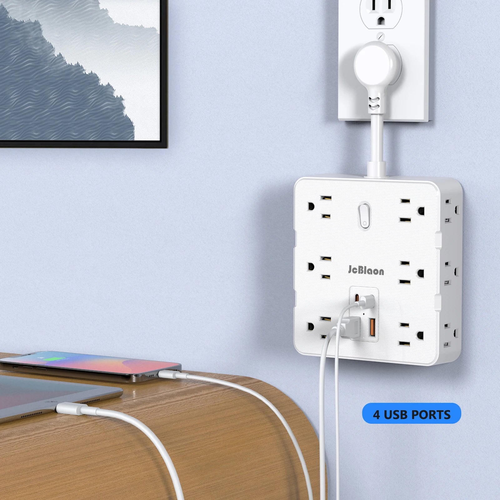 Flat Plug Power Strip with 12 Widely Outlets 4 USB Ports(2 USB C)