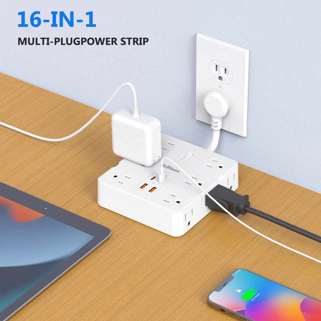 Flat Plug Power Strip with 12 Widely Outlets 4 USB Ports(2 USB C)