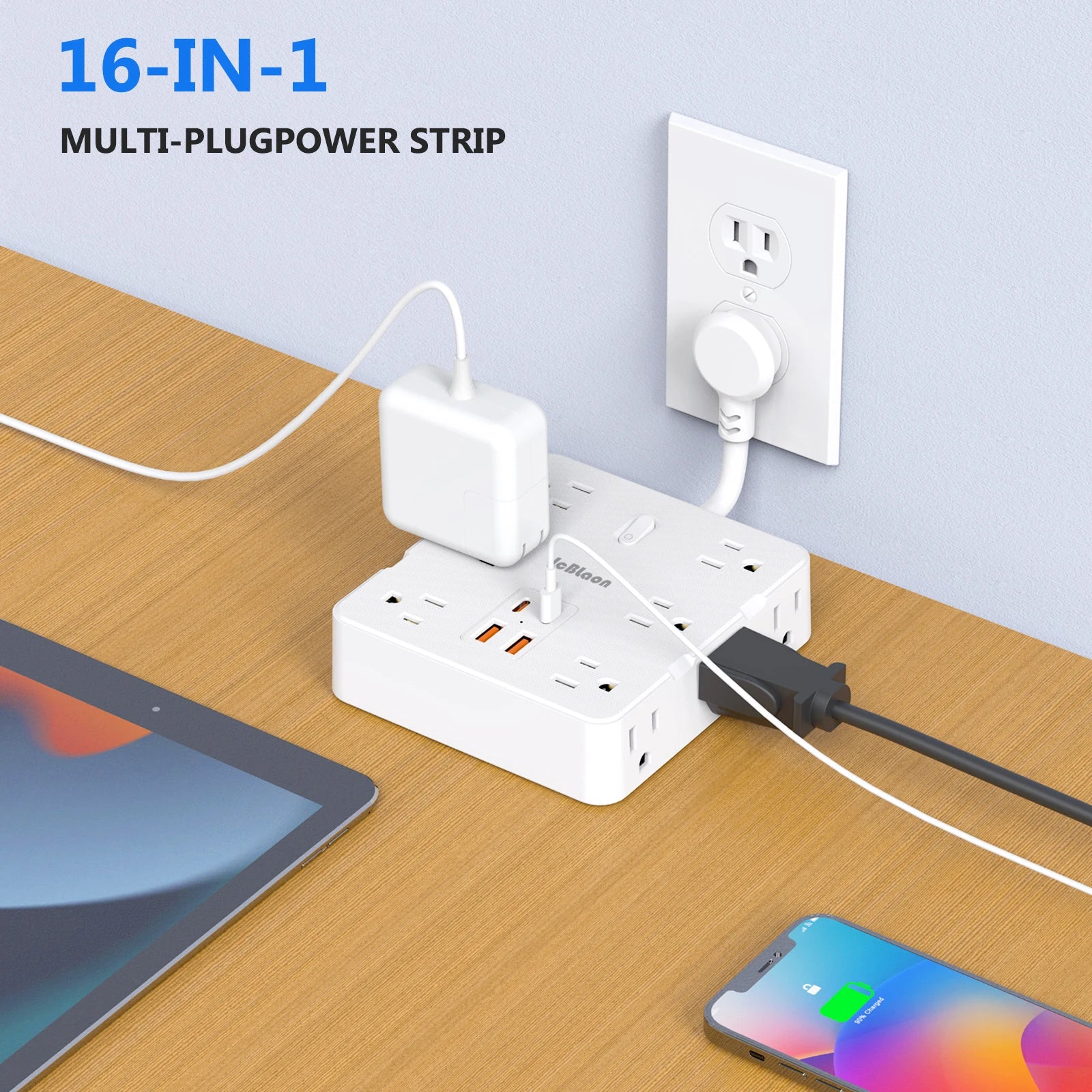 Flat Plug Power Strip with 12 Widely Outlets 4 USB Ports(2 USB C)