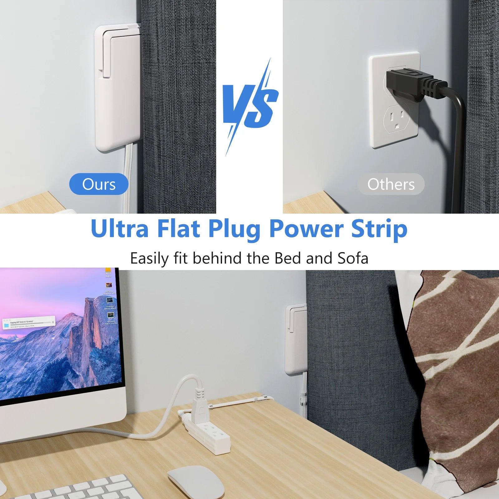 Flat Power Outlet expander Slim wall gauge plug with 3/5 foot cable