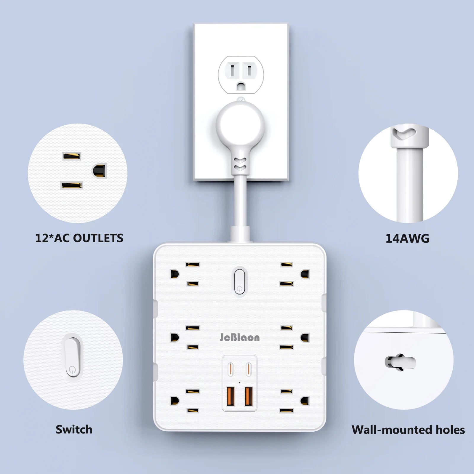 Flat Plug Power Strip with 12 Widely Outlets 4 USB Ports(2 USB C)
